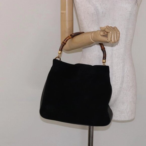 GUCCI Bamboo Hand Bag Suede Black Gold - Picture 1 of 16